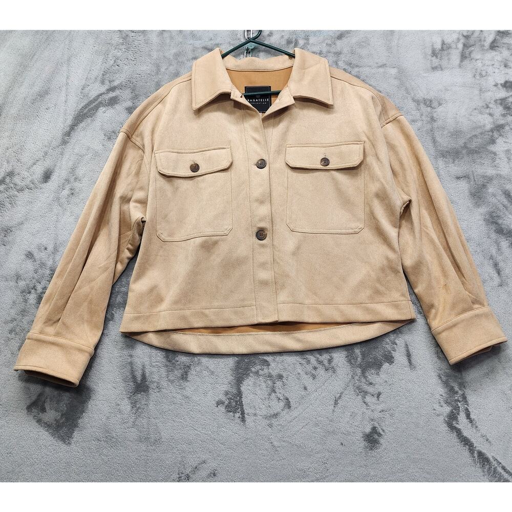 Bagatelle Jacket Womens L Tan Faux Suede Button Front Crop‎ Shacket Long Sleeves